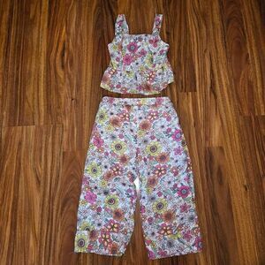 Btween White Pink Orange Floral 2 Piece Set Peplum Tanktop Wide Leg Linen Pants